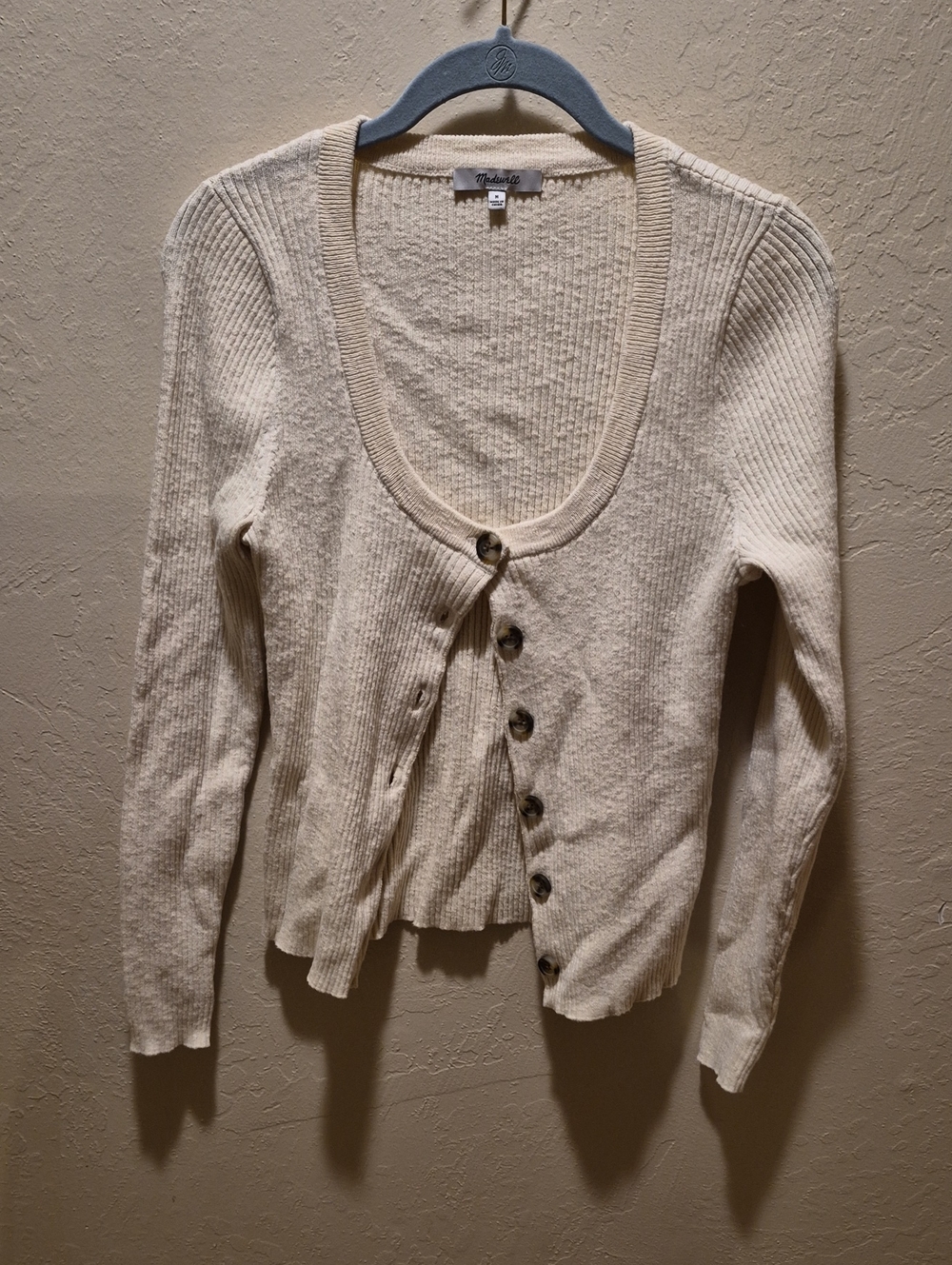 Madewell Cream Ribbed Scoop-Neck Button Cardigan